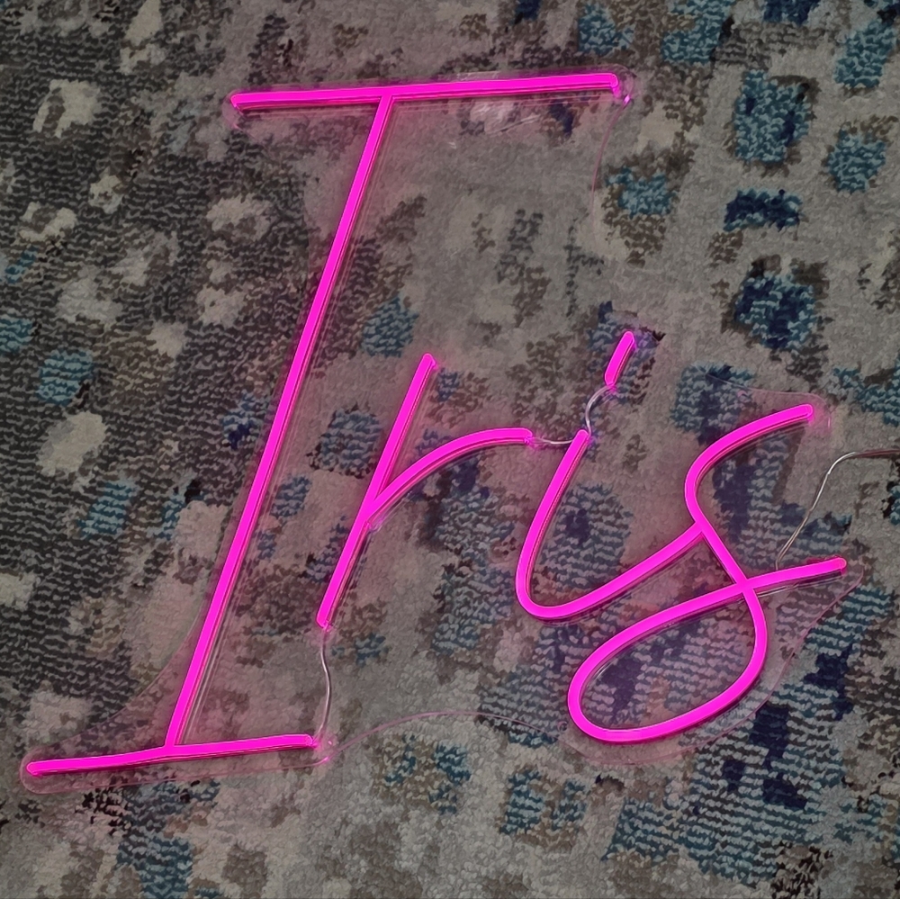 Pink LED Neon 'Iris' Sign With Clear Plexyglass Backing & Hanging Supplies